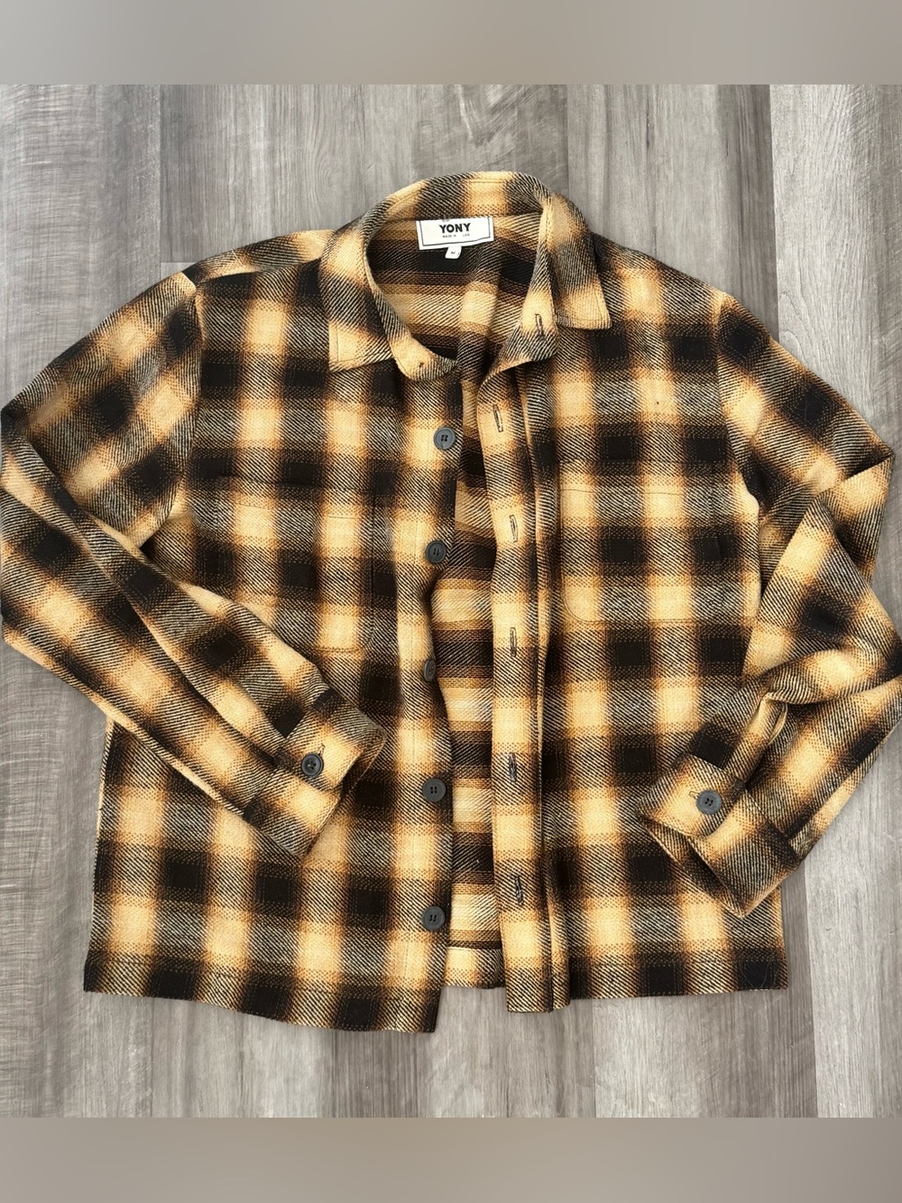 YONY Plaid Button-Up Shacket in Black and Mustard
